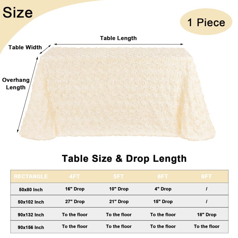 FanQiSi 3D Satin Rosette Rectangle Tablecloth 90 x132 Inches Ivory Satin Raised Rosettes Tablecloth for Wedding Baby Shower Event Decoration - Image 4